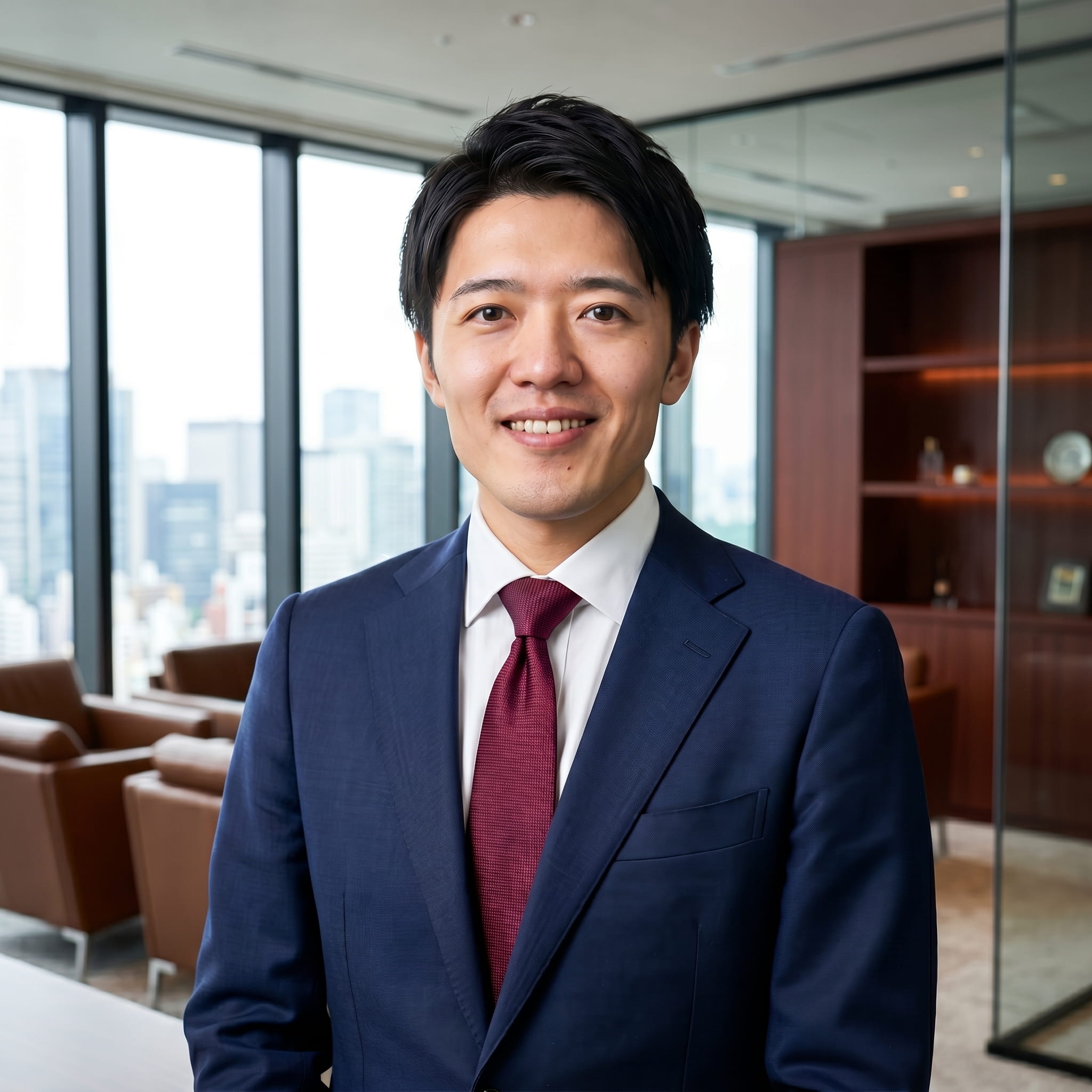 高層階のオフィスを背景にした日本人ビジネスマンのポートレート