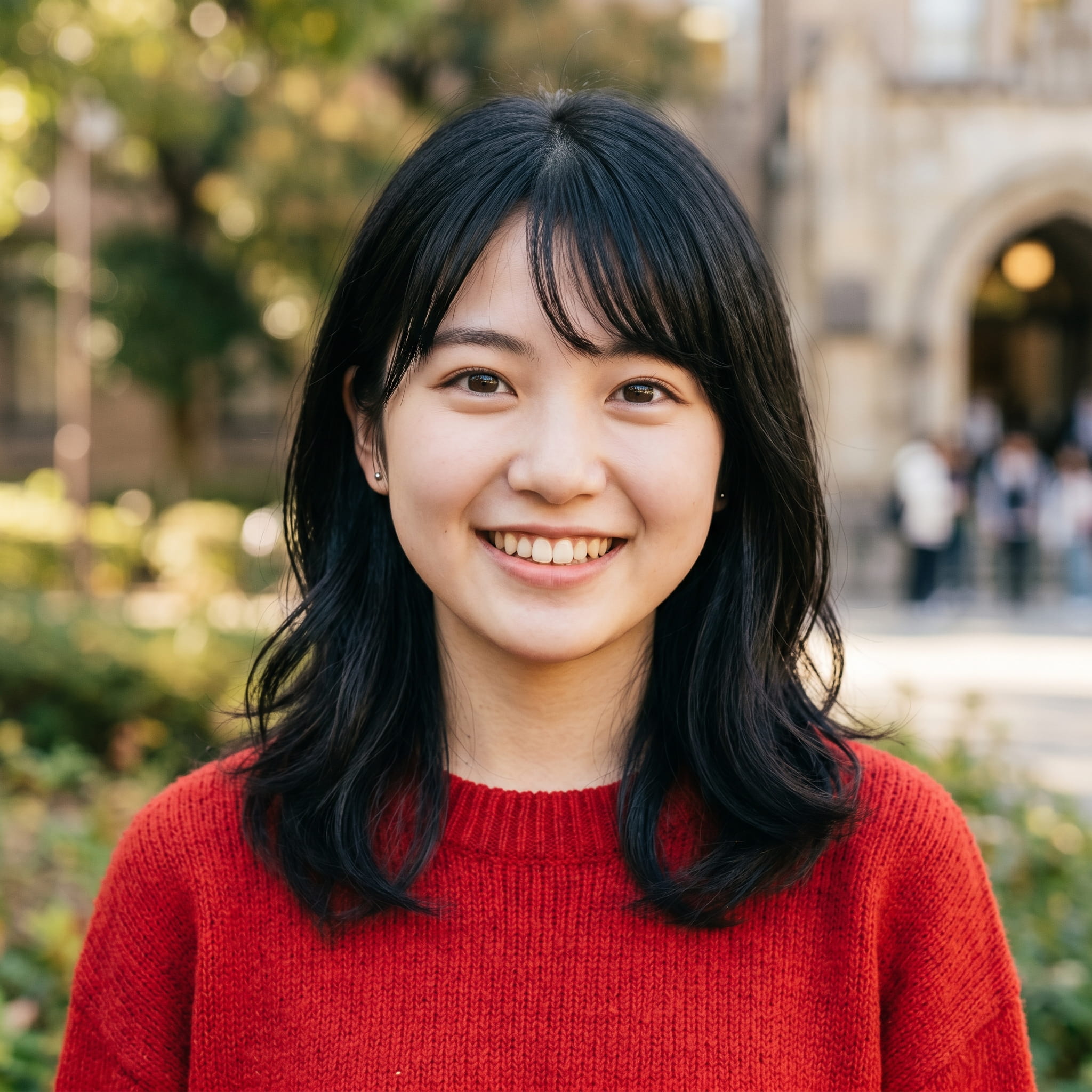 赤いセーターを着た日本人の女子大生のポートレート
